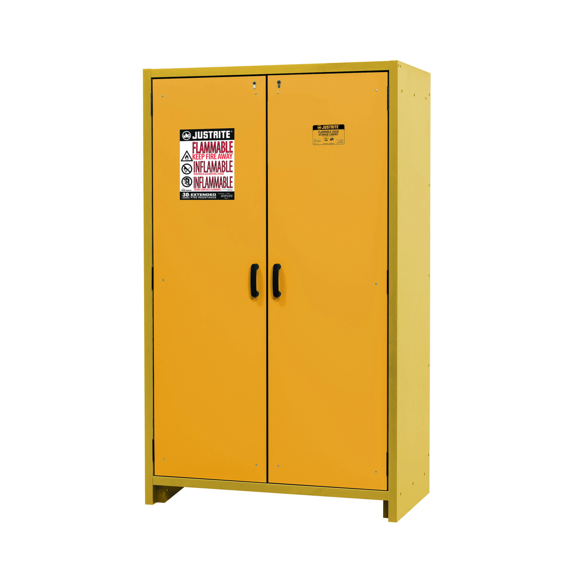 Justrite Flammable Safety Cabinet — 45 Gallon, 3 Shelves, 2 Hybrid-Close Doors, 30-Minute EN, Yellow, Model# 22603